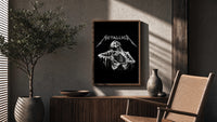 Metallica Decaying Corpse Skeleton poster framed above a fluted sideboard beside a potted tree