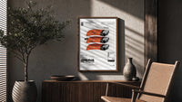 SEAxFOOD Market Salmon Sushi Lighter poster framed above a fluted sideboard beside a potted tree