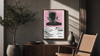 Tyler, The Creator IGOR Tracklist poster framed above a fluted sideboard beside a potted tree