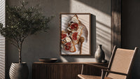 Figs, Cheese and Walnuts poster framed above a fluted sideboard beside a potted tree