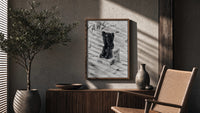 KAWS Companion Nike Swoosh Sketch framed poster poster framed above a fluted sideboard beside an olive tree