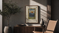 Splendor Solis The Sun poster framed above a fluted sideboard beside a potted tree
