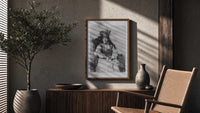 crowned queen seated portrait vintage art print poster framed above a fluted sideboard beside an olive tree