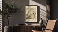 Arthur Rackham Fezziwig's Dance poster framed above a fluted sideboard beside a potted tree