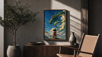 Dragon Ball Z Goku and Shenron framed poster poster framed above a fluted sideboard beside an olive tree