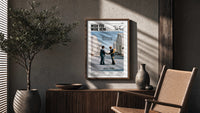 Pink Floyd Wish You Were Here Burning Handshake poster framed above a fluted sideboard beside a potted tree