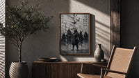 Samurai Bushido Warriors poster framed above a fluted sideboard beside a potted tree