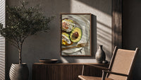 Poached Eggs on Avocado Toast poster framed above a fluted sideboard beside a potted tree