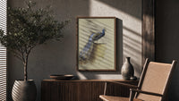 peacock with full tail perched on ledge vintage art print poster framed above a fluted sideboard beside an olive tree