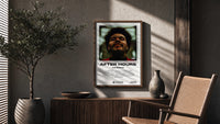 The Weeknd After Hours Album Cover poster framed above a fluted sideboard beside a potted tree