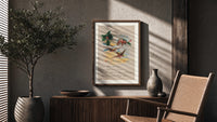 Best Wishes Holly and Swallow poster framed above a fluted sideboard beside a potted tree