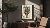 Louis Prang Little Girl with Holly poster framed above a fluted sideboard beside a potted tree
