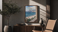 Mediterranean coastal promenade seen from balcony vintage art print poster framed above a fluted sideboard beside an…