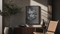 white lilac and roses bouquet vintage art print poster framed above a fluted sideboard beside an olive tree
