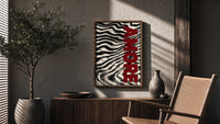 Amore Zebra Print poster framed above a fluted sideboard beside a potted tree