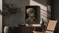 skeleton smoking a cigarette vintage art print poster framed above a fluted sideboard beside an olive tree