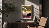 WPA Lassen Volcanic Park poster framed above a fluted sideboard beside a potted tree