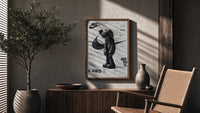 KAWS Companion Nike Swoosh poster framed above a fluted sideboard beside a potted tree
