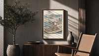 Kuniyoshi Water Scene with Boat poster framed above a fluted sideboard beside a potted tree