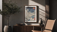 Hiroshige Meguro Bridge in Snow poster framed above a fluted sideboard beside a potted tree