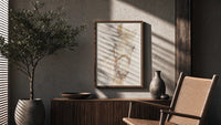 white horse head portrait with bridle vintage art print poster framed above a fluted sideboard beside an olive tree