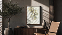 Cliff Rose botanical study with labeled names vintage art print poster framed above a fluted sideboard beside an olive tree