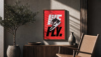 Nike Air Jordan 1 We Fly poster framed above a fluted sideboard beside a potted tree
