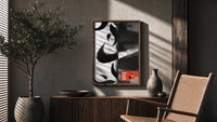 Nike Swoosh Streetwear poster framed above a fluted sideboard beside a potted tree