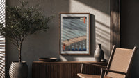 Hiroshige Sudden Shower Ohashi poster framed above a fluted sideboard beside a potted tree