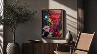 KAWS Down Time Skeleton Companion poster framed above a fluted sideboard beside a potted tree