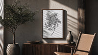 flowering lilac branch vintage art print poster framed above a fluted sideboard beside an olive tree