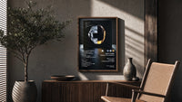 Daft Punk Random Access Memories Helmets poster framed above a fluted sideboard beside a potted tree