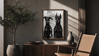 Doberman Pinscher Portrait Duo poster framed above a fluted sideboard beside a potted tree