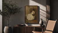seated woman in white dress vintage art print poster framed above a fluted sideboard beside an olive tree