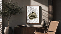 Air Jordan 1 Travis Scott Olive Sneaker poster framed above a fluted sideboard beside a potted tree