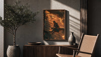 Itachi Uchiha Naruto Akatsuki framed poster poster framed above a fluted sideboard beside an olive tree