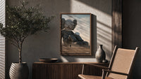 KAWS Companion Desert Monochrome Streetwear poster framed above a fluted sideboard beside a potted tree