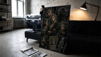Roronoa Zoro One Piece Wanted framed poster print in a slim black frame leaning on a dark sofa in a concrete print studio