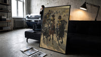 cavalry soldiers on horseback vintage art print print in a slim black frame leaning on a dark sofa in a concrete print studio