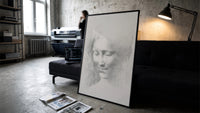 female face portrait study vintage art print print in a slim black frame leaning on a dark sofa in a concrete print studio
