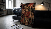 Monkey D. Luffy One Piece Wanted framed poster print in a slim black frame leaning on a dark sofa in a concrete print studio