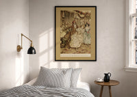 Arthur Rackham The Plump Sister print in a black frame above a bed with striped linens
