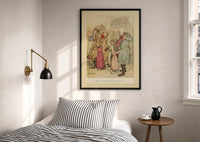 Arthur Rackham Laden with Toys print in a black frame above a bed with striped linens, a brass wall lamp and a sunlit window