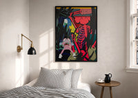 KAWS Down Time Skeleton Companion print in a black frame above a bed with striped linens