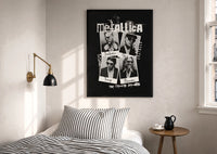 Metallica The Memory Remains Band Collage print in a black frame above a bed with striped linens