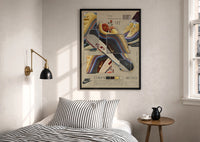 Nike Air Max 1/97 Sean Wotherspoon print in a black frame above a bed with striped linens