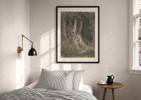 Dore Dante in the Dark Wood print in a black frame above a bed with striped linens, a brass wall lamp and a sunlit window