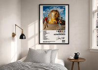 Travis Scott Astroworld Album Cover print in a black frame above a bed with striped linens