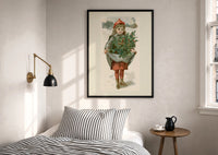 Louis Prang Little Girl with Holly print in a black frame above a bed with striped linens