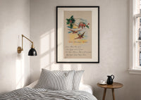 Best Wishes Holly and Swallow print in a black frame above a bed with striped linens, a brass wall lamp and a sunlit window